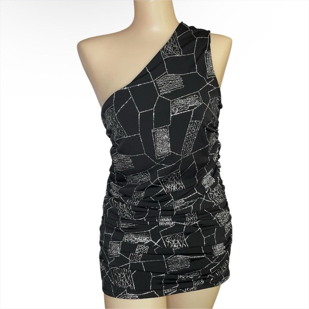 Sisters Point Black Ruched One Shoulder Blouse with Silver Sparkly Detail